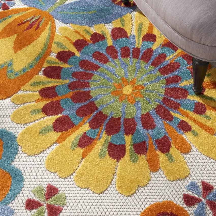 Yellow And Ivory Round Floral Indoor Outdoor Area Rug Photo 6