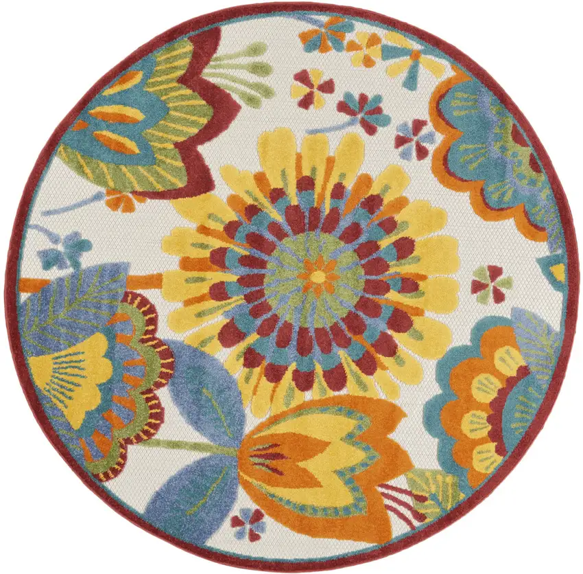 Yellow And Ivory Round Floral Indoor Outdoor Area Rug Photo 4