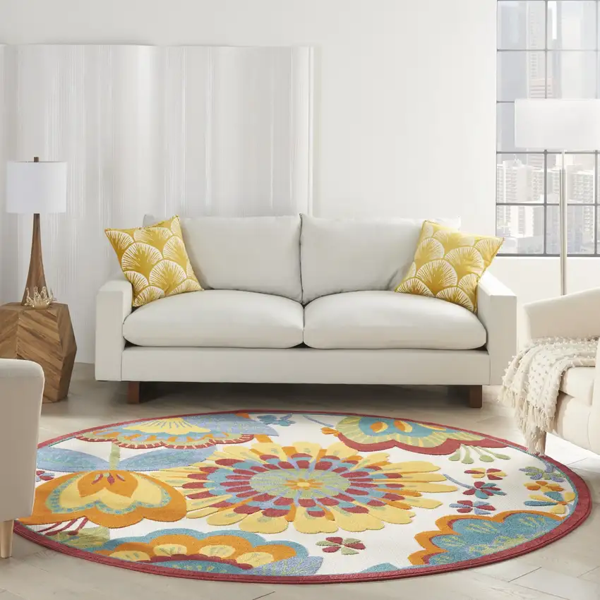 Round Yellow and Ivory Indoor Outdoor Area Rug Photo 9