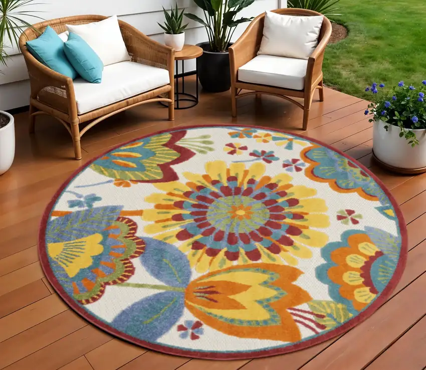 8' Yellow And Ivory Round Indoor Outdoor Area Rug Photo 2