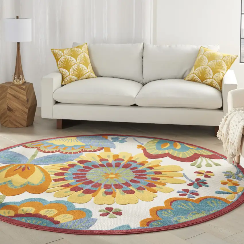 8' Yellow And Ivory Round Indoor Outdoor Area Rug Photo 5