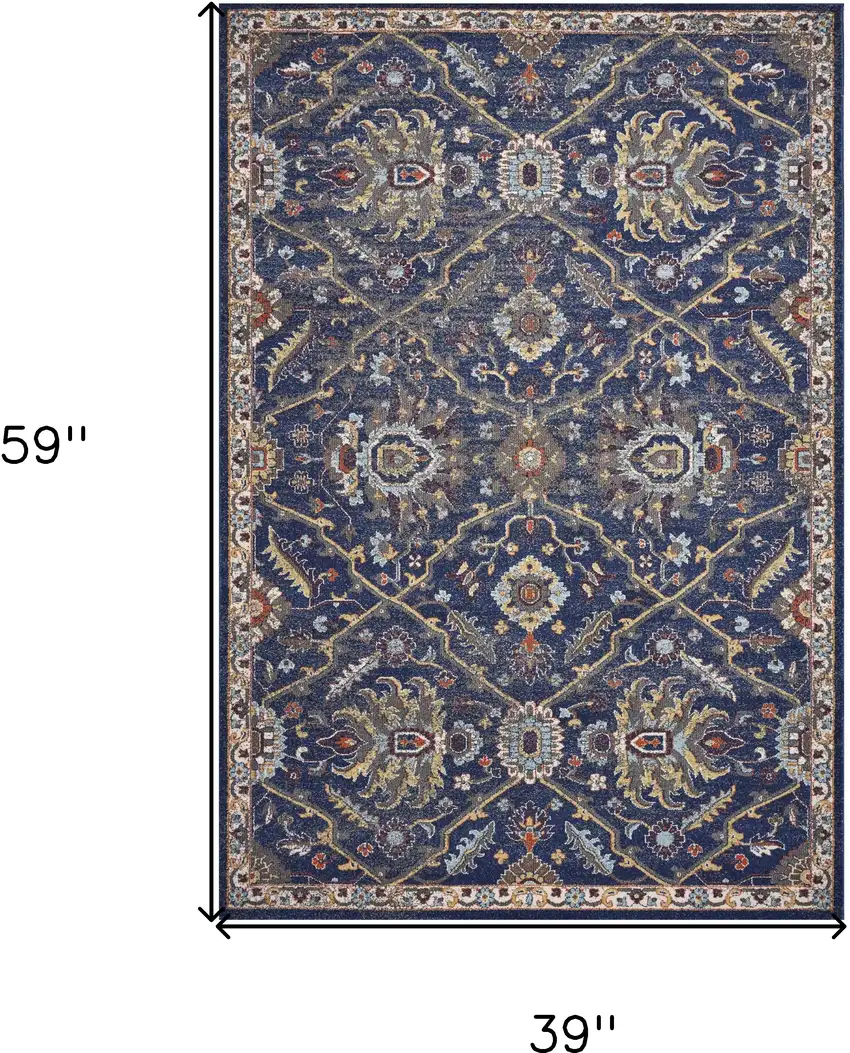 3'X5' Royal Blue Machine Woven Floral Traditional Indoor Area Rug Photo 3