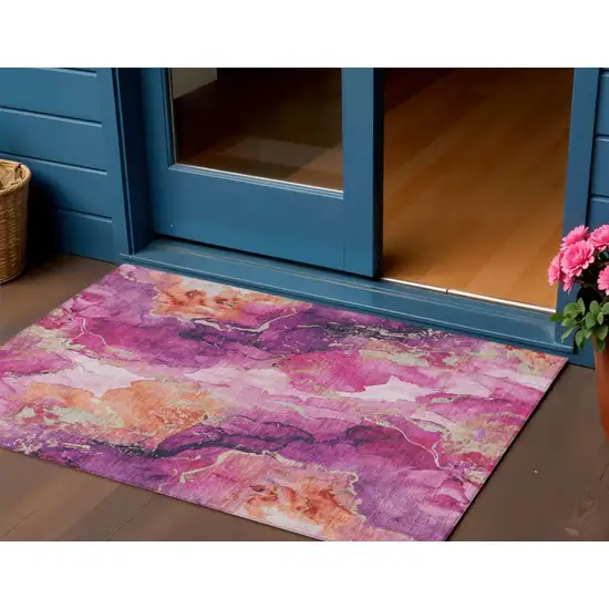 Ruby Red And Purple Abstract Washable Indoor Outdoor Area Rug Photo 2