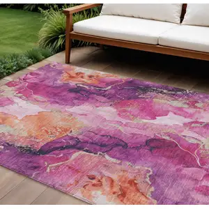 Photo of Ruby Red And Purple Abstract Washable Indoor Outdoor Area Rug