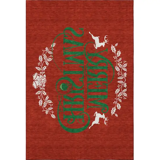 Ruby Red Green And Ivory Christmas Washable Area Rug With UV Protection Photo 4