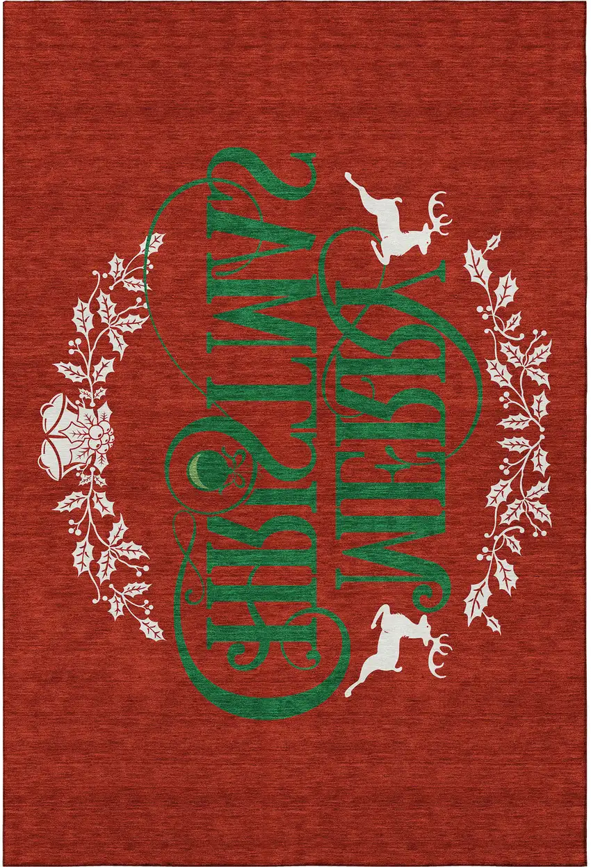 Ruby Red Green And Ivory Christmas Washable Area Rug With UV Protection Photo 4