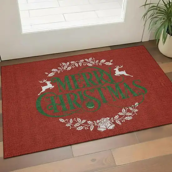 Ruby Red Green And Ivory Geometric Washable Area Rug With UV Protection Photo 1