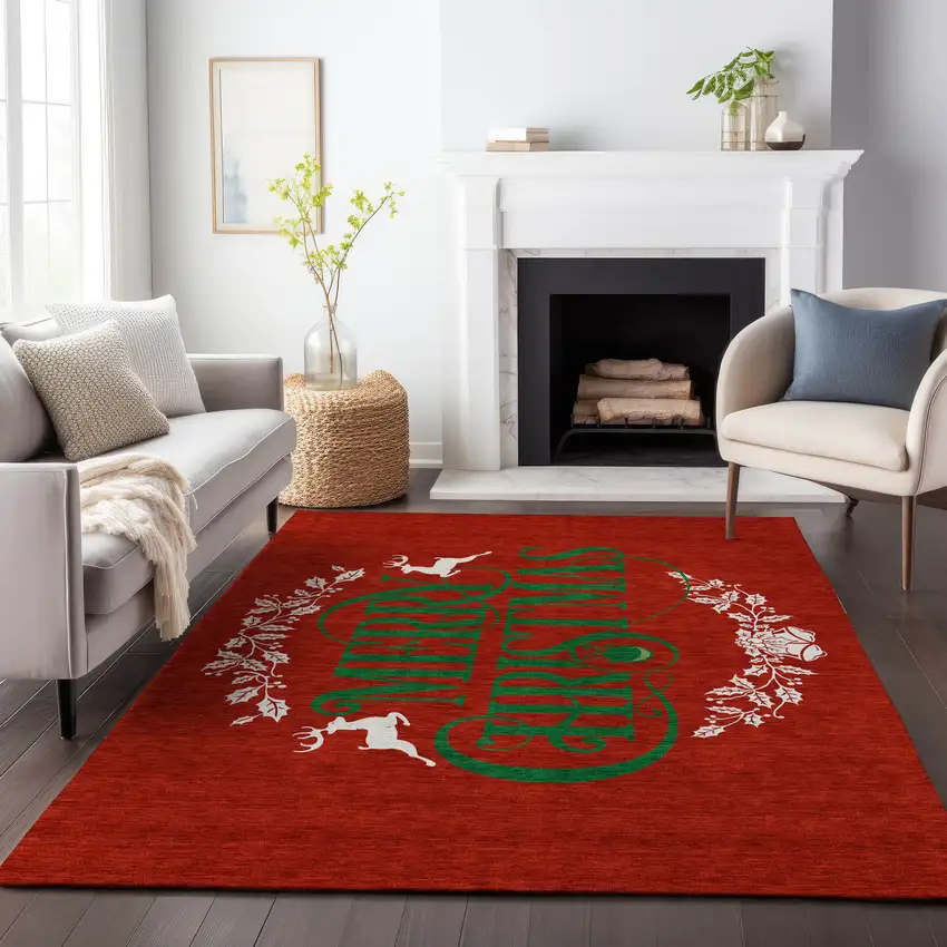 Ruby Red Green And Ivory Christmas Washable Area Rug With UV Protection Photo 6