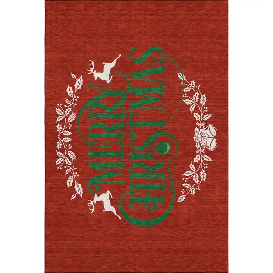 Ruby Red Green And Ivory Christmas Washable Area Rug With UV Protection Photo 2
