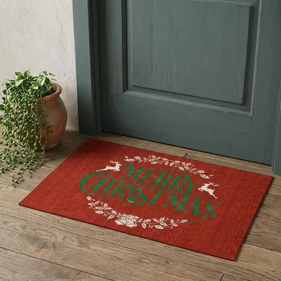 Ruby Red Green And Ivory Christmas Washable Area Rug With UV Protection Photo 1