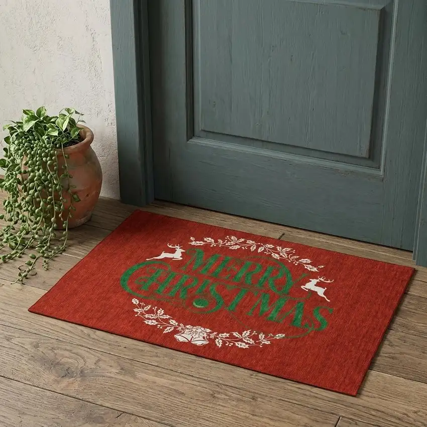 Ruby Red Green And Ivory Christmas Washable Area Rug With UV Protection Photo 1