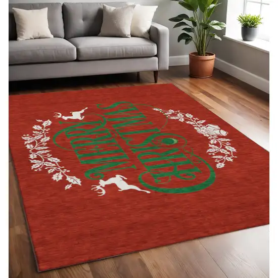 Ruby Red Green And Ivory Geometric Washable Area Rug With UV Protection Photo 1