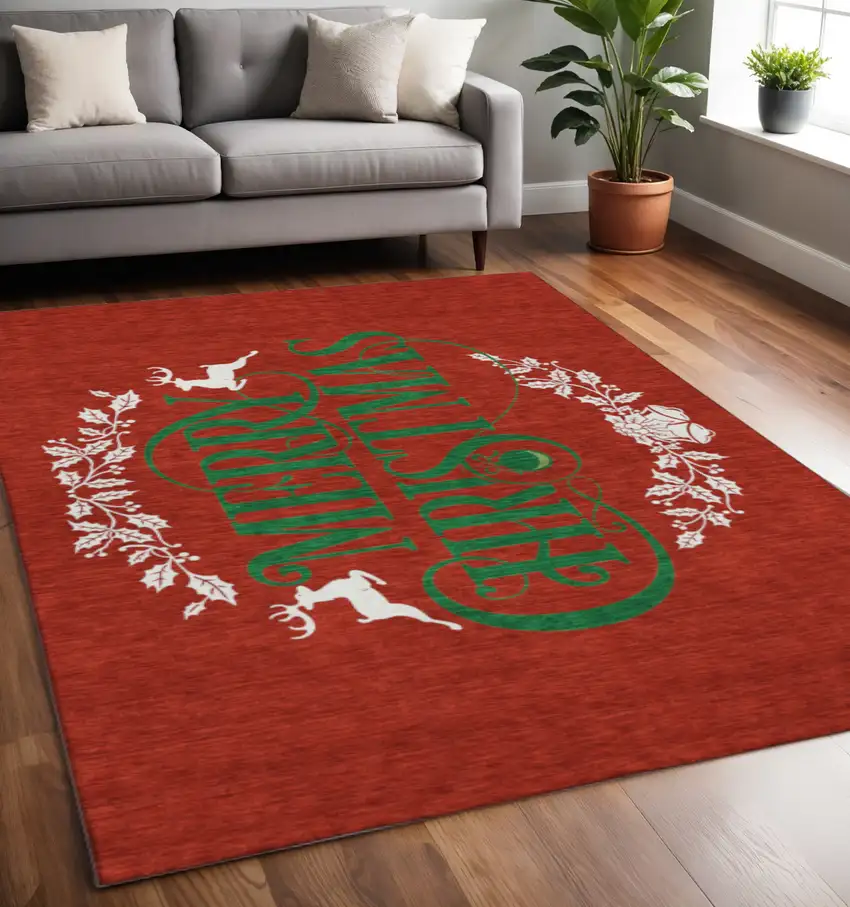Ruby Red Green And Ivory Geometric Washable Area Rug With UV Protection Photo 1