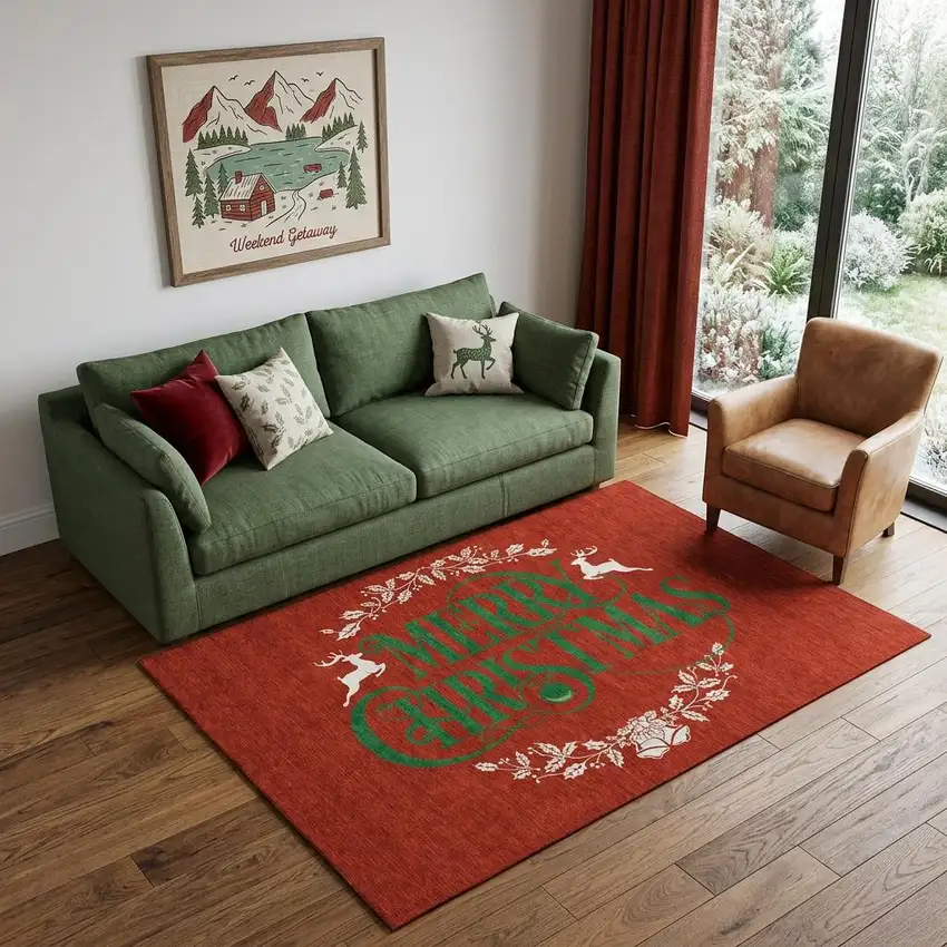 Ruby Red Green And Ivory Christmas Washable Area Rug With UV Protection Photo 1