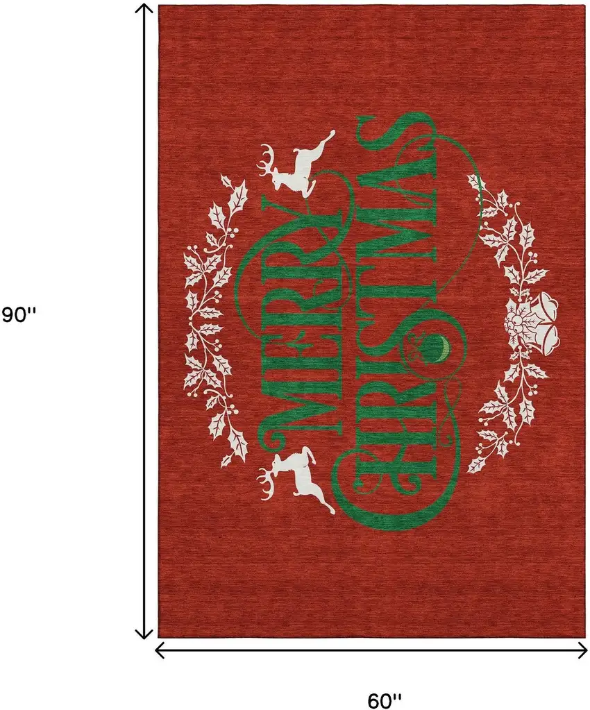 Ruby Red Green And Ivory Christmas Washable Area Rug With UV Protection Photo 3
