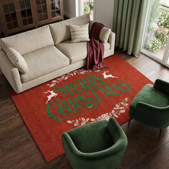 Ruby Red Green And Ivory Christmas Washable Area Rug With UV Protection Photo 1