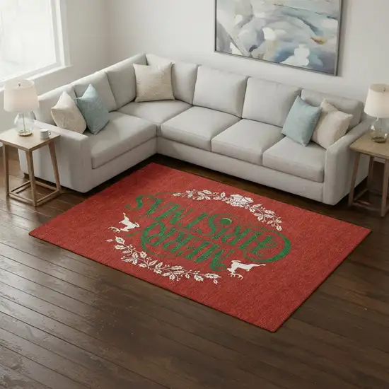 Ruby Red Green And Ivory Geometric Washable Area Rug With UV Protection Photo 1