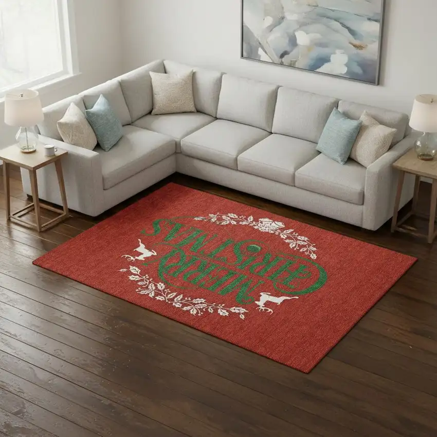 Ruby Red Green And Ivory Geometric Washable Area Rug With UV Protection Photo 1