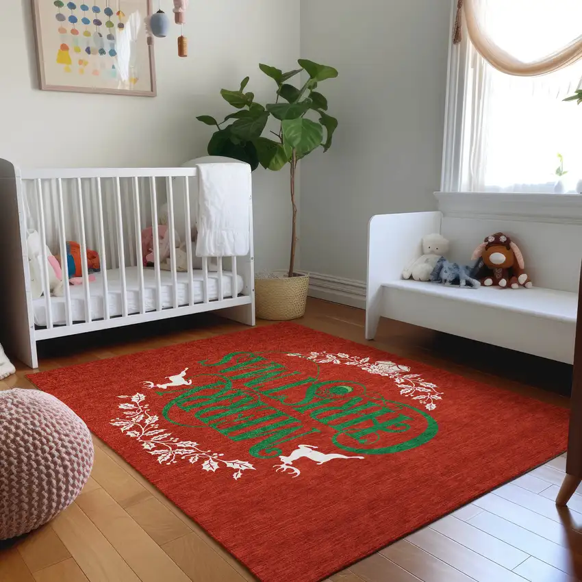 Ruby Red Green And Ivory Christmas Washable Area Rug With UV Protection Photo 6