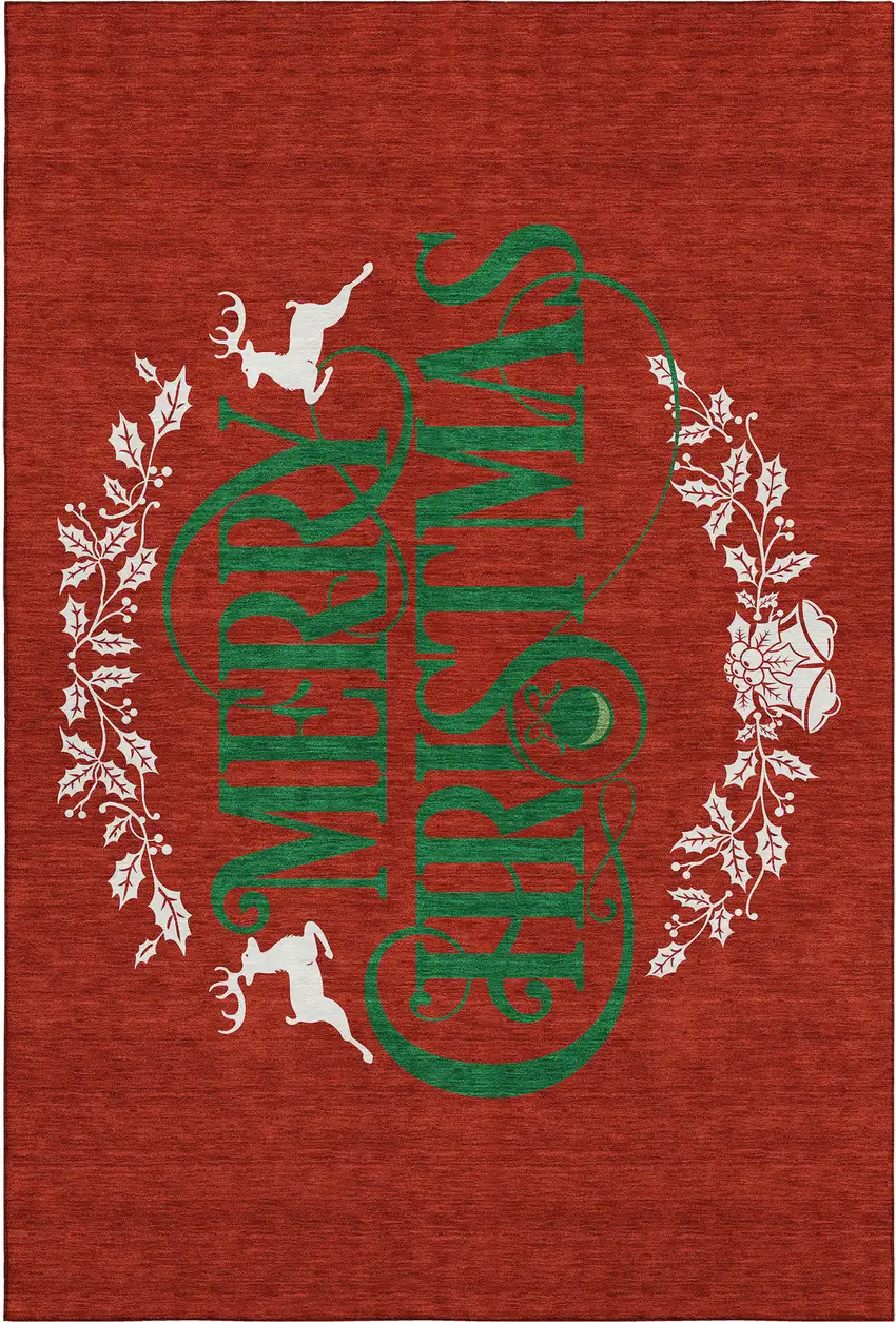 Ruby Red Green And Ivory Christmas Washable Area Rug With UV Protection Photo 2