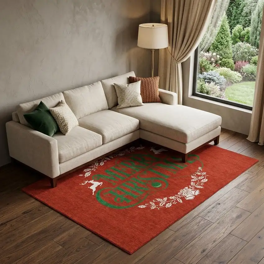 Ruby Red Green And Ivory Christmas Washable Area Rug With UV Protection Photo 1