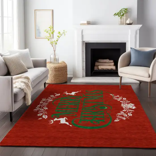 Ruby Red Green And Ivory Christmas Washable Area Rug With UV Protection Photo 6