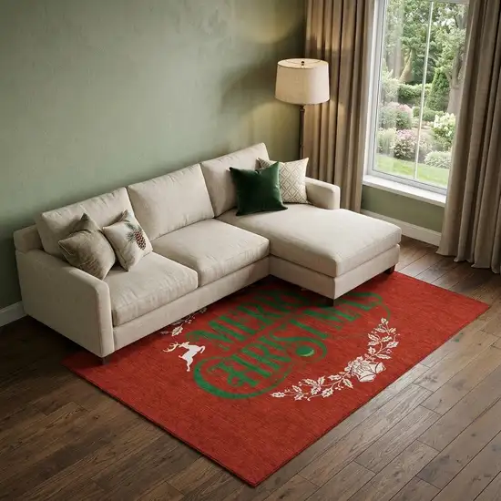 Ruby Red Green And Ivory Christmas Washable Area Rug With UV Protection Photo 1