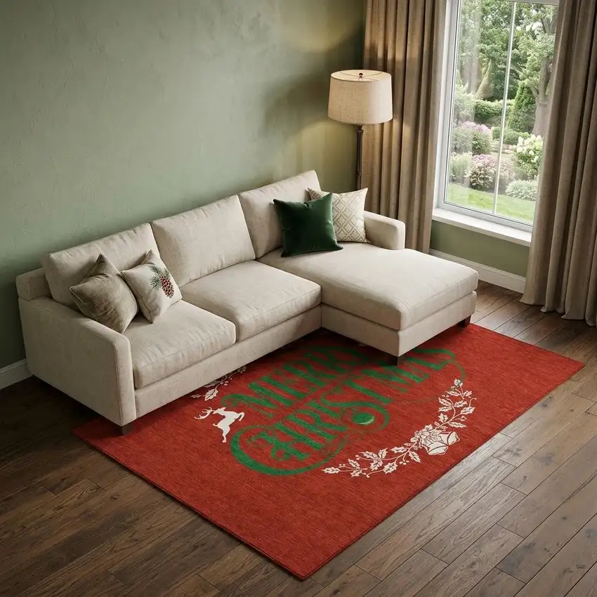 Ruby Red Green And Ivory Christmas Washable Area Rug With UV Protection Photo 1