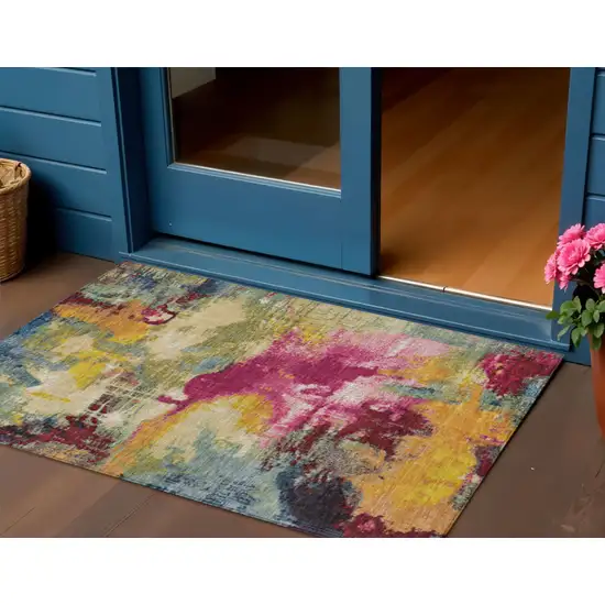 Ruby Red Pink And Yellow Abstract Washable Indoor Outdoor Area Rug Photo 2