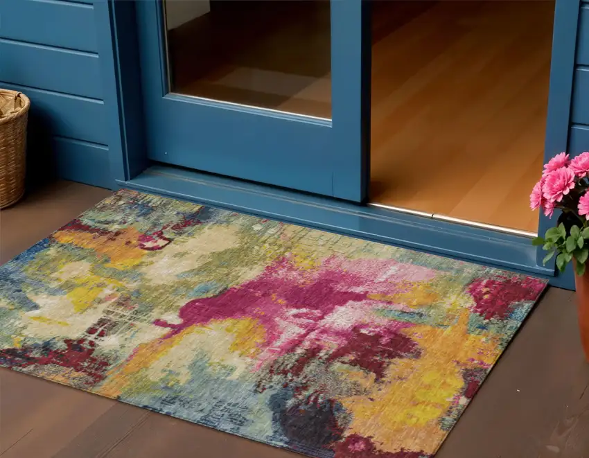 Ruby Red Pink And Yellow Abstract Washable Indoor Outdoor Area Rug Photo 2