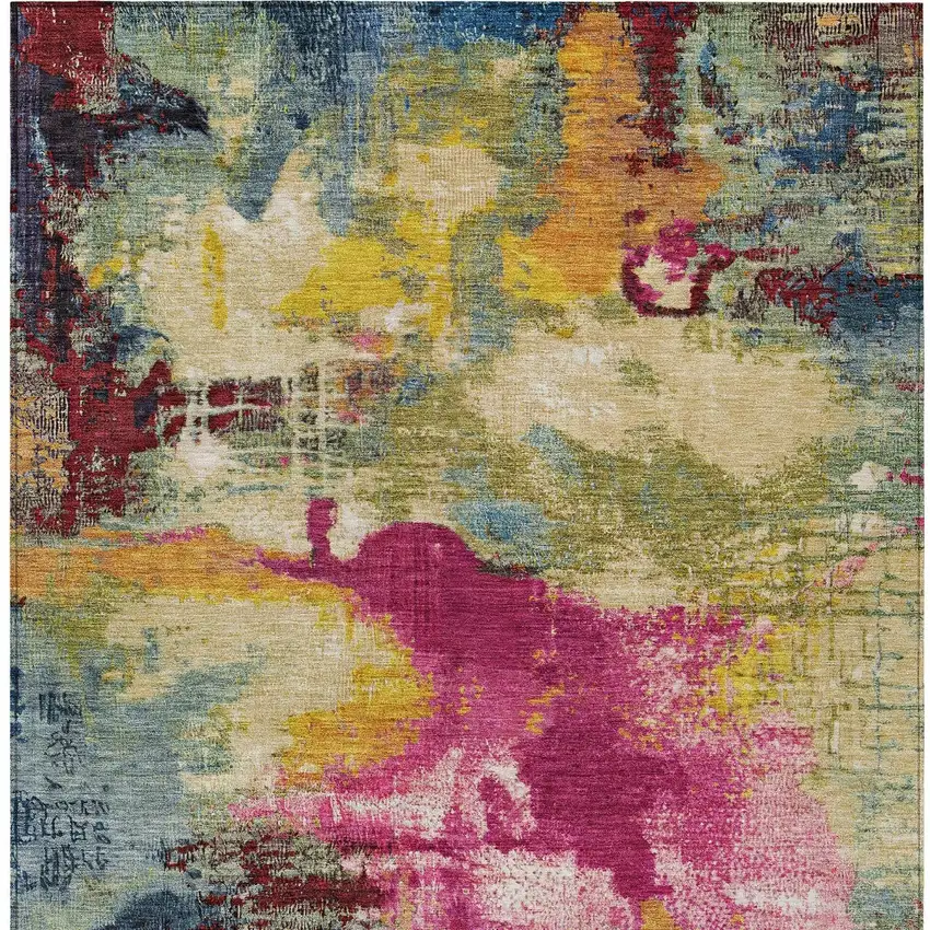 Ruby Red Pink And Yellow Abstract Washable Indoor Outdoor Area Rug Photo 6
