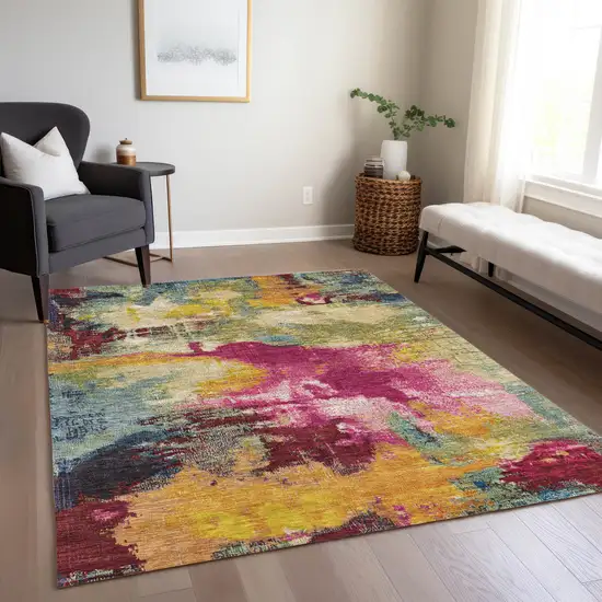 Ruby Red Pink And Yellow Abstract Washable Indoor Outdoor Area Rug Photo 5