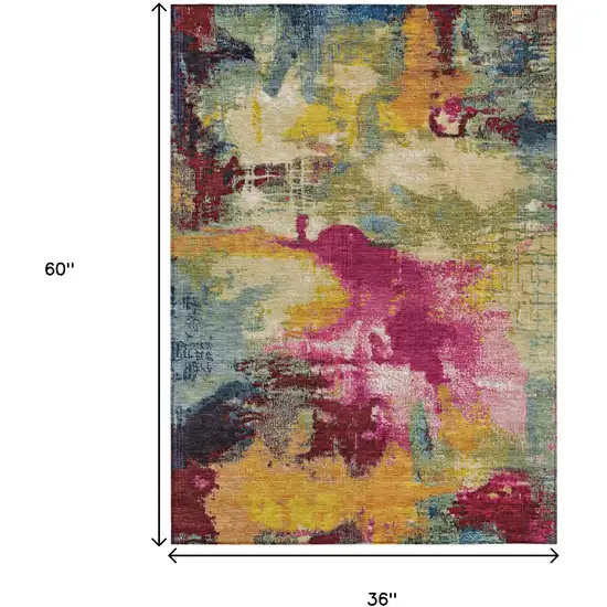 Ruby Red Pink And Yellow Abstract Washable Indoor Outdoor Area Rug Photo 8