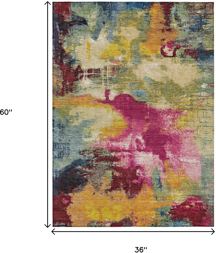 Ruby Red Pink And Yellow Abstract Washable Indoor Outdoor Area Rug Photo 8