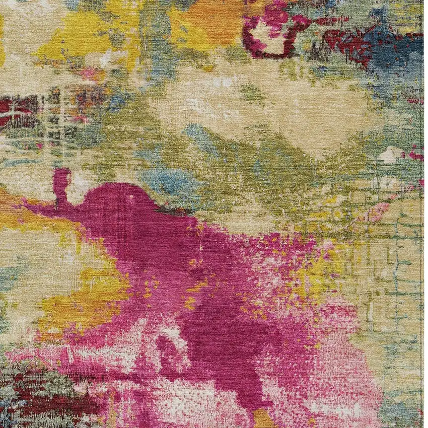 Ruby Red Pink And Yellow Abstract Washable Indoor Outdoor Area Rug Photo 9