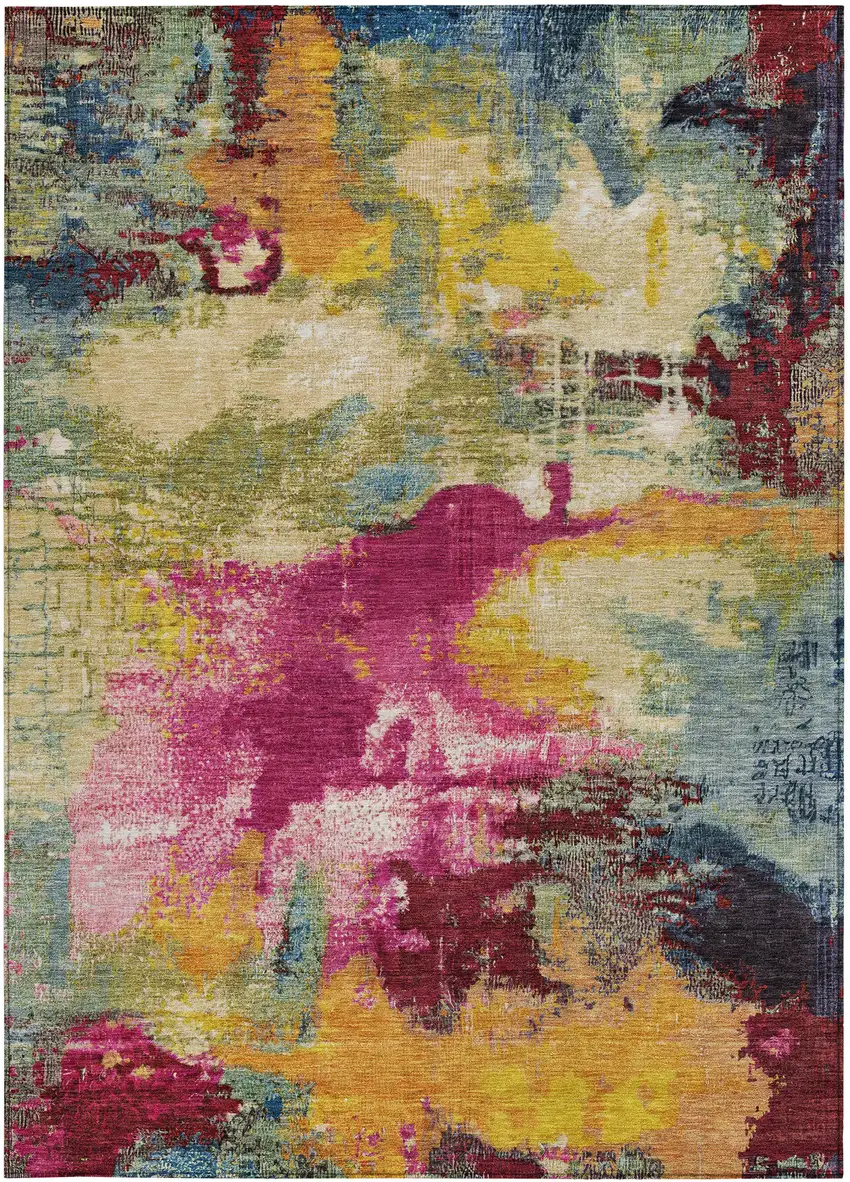 Ruby Red Pink And Yellow Abstract Washable Indoor Outdoor Area Rug Photo 8