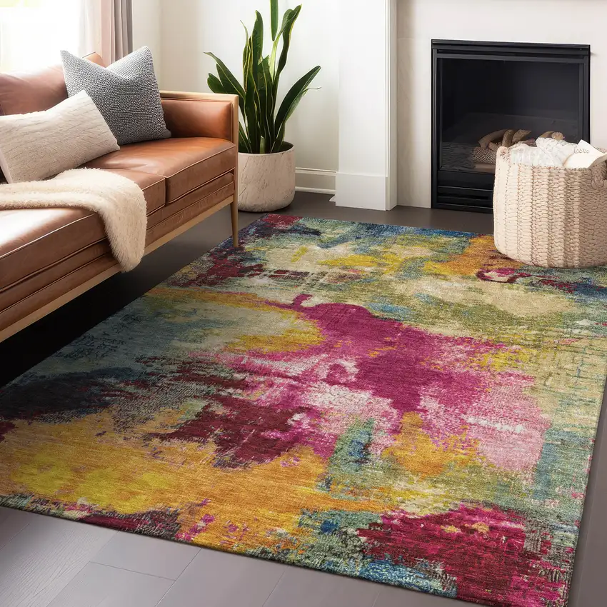 Ruby Red Pink And Yellow Abstract Washable Indoor Outdoor Area Rug Photo 4