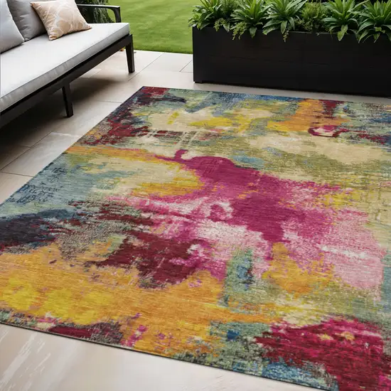 Ruby Red Pink And Yellow Abstract Washable Indoor Outdoor Area Rug Photo 2