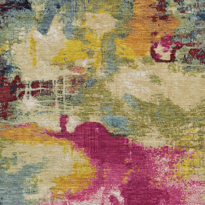 Ruby Red Pink And Yellow Abstract Washable Indoor Outdoor Area Rug Photo 6