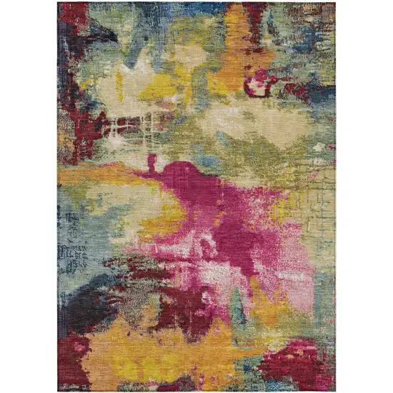 Ruby Red Pink And Yellow Abstract Washable Indoor Outdoor Area Rug Photo 7