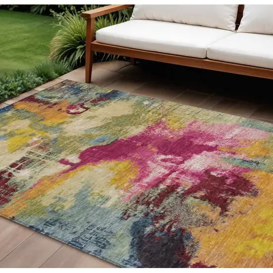 Ruby Red Pink And Yellow Abstract Washable Indoor Outdoor Area Rug Photo 2