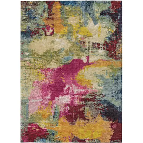 Ruby Red Pink And Yellow Abstract Washable Indoor Outdoor Area Rug Photo 8
