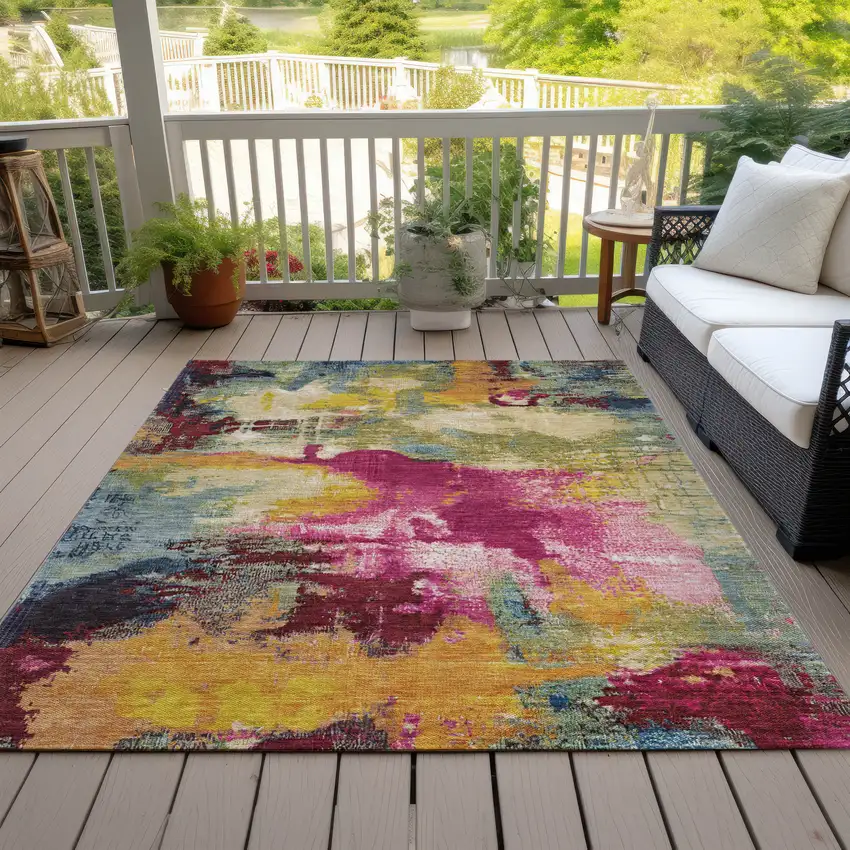 Ruby Red Pink And Yellow Abstract Washable Indoor Outdoor Area Rug Photo 6