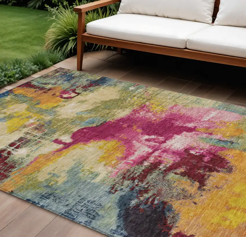 Ruby Red Pink And Yellow Abstract Washable Indoor Outdoor Area Rug Photo 2
