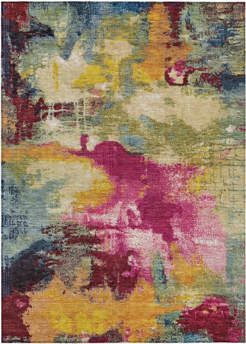 Ruby Red Pink And Yellow Abstract Washable Indoor Outdoor Area Rug Photo 7