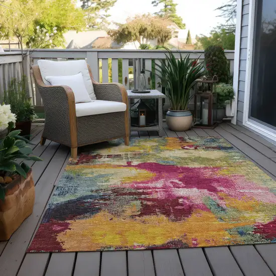 Ruby Red Pink And Yellow Abstract Washable Indoor Outdoor Area Rug Photo 3