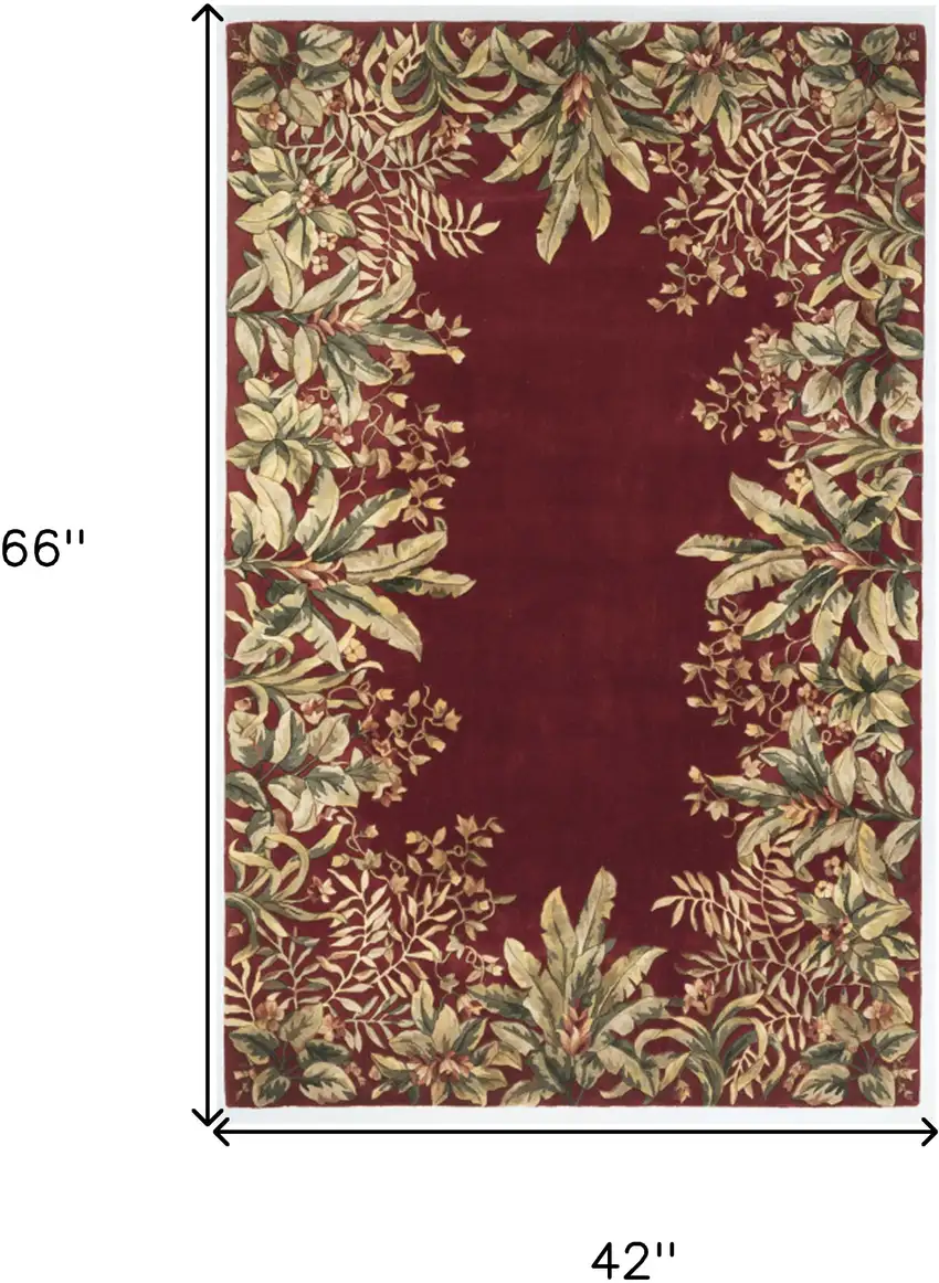 Ruby Tropical Leaves Bordered Wool Indoor Area Rug Photo 6