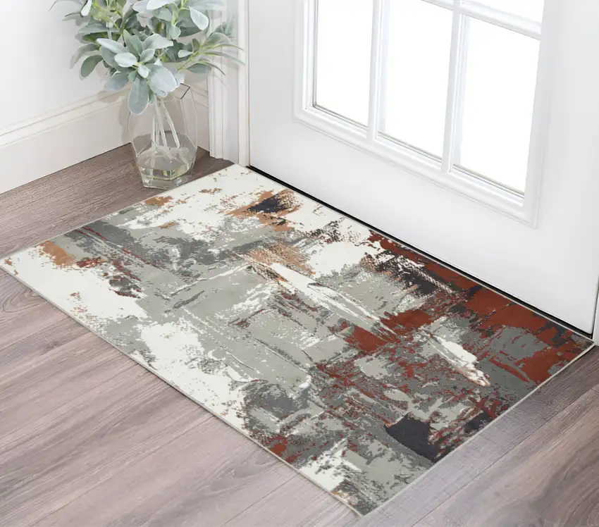 Ivory Gray and Rust Abstract Power Loom Area Rug Photo 1