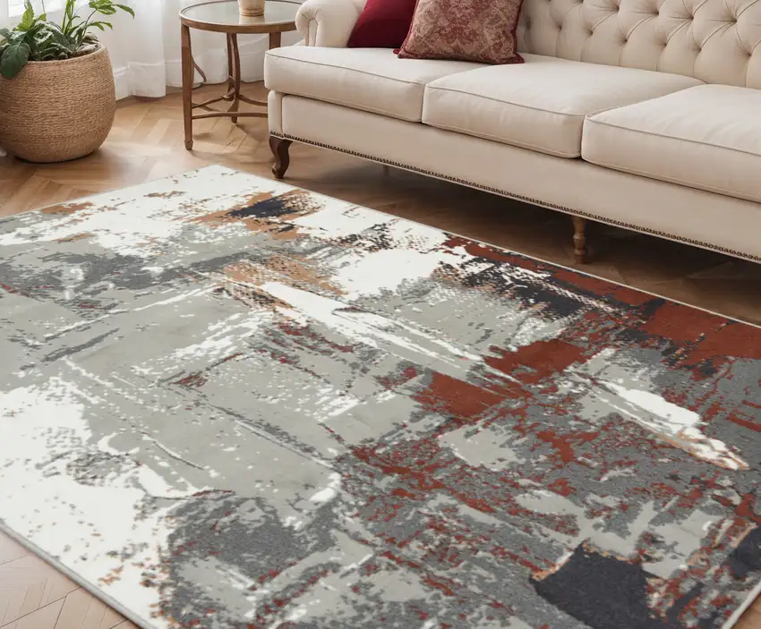 Ivory Gray and Rust Abstract Power Loom Area Rug Photo 1
