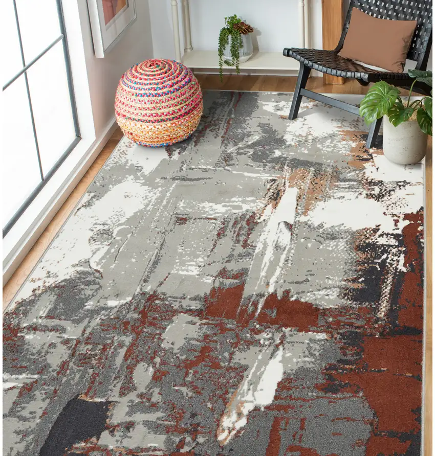 Ivory Gray and Rust Abstract Power Loom Area Rug Photo 7